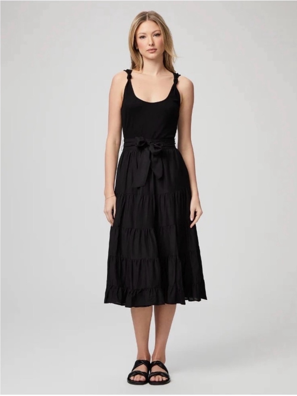 PAIGE Black Tie-Waist Tiered Midi Dress
